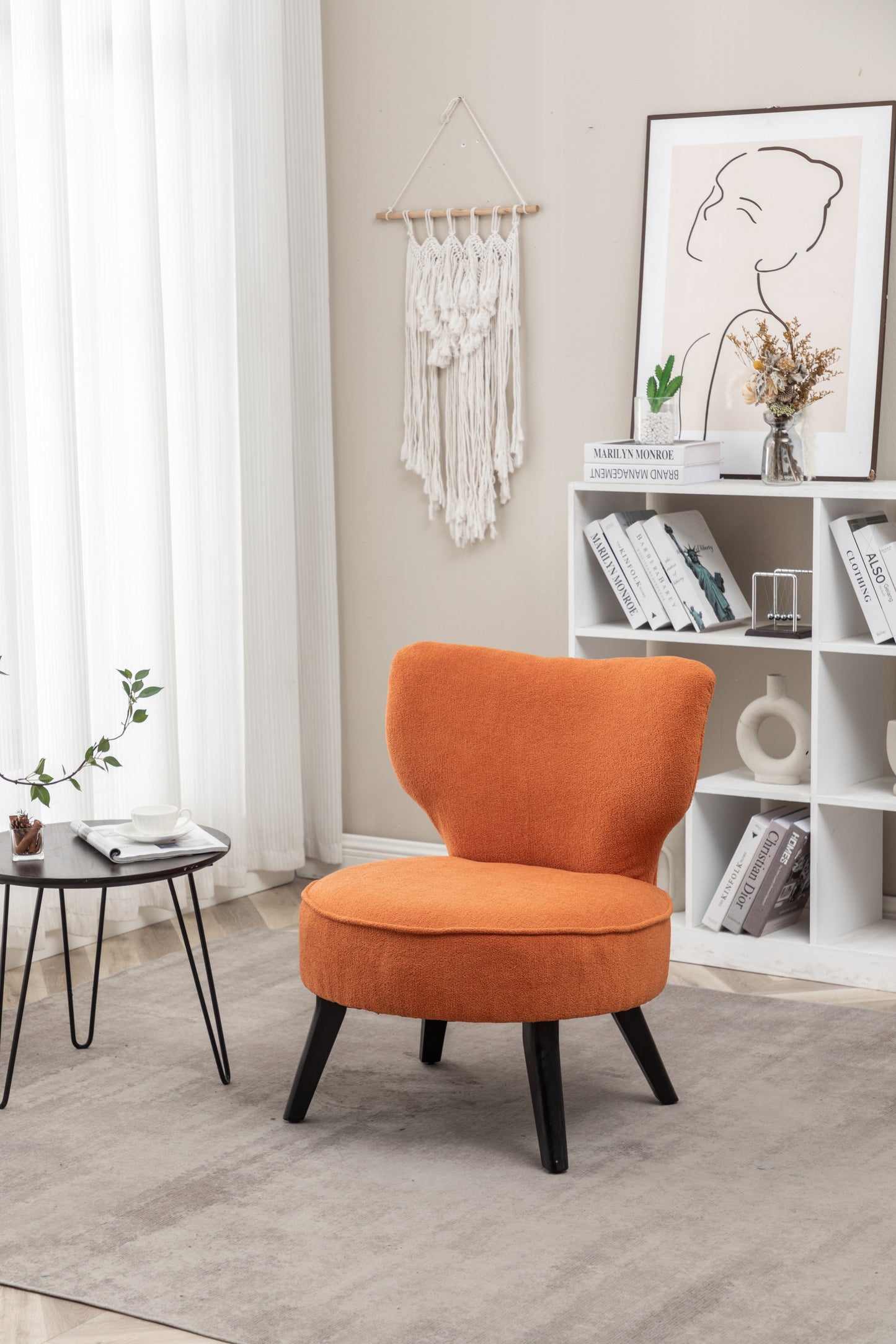 Teddy velvet Single accent chair, wooden legs, padded upholstery, High density foam, small modern armless chair, living room bedroom, ORANGE