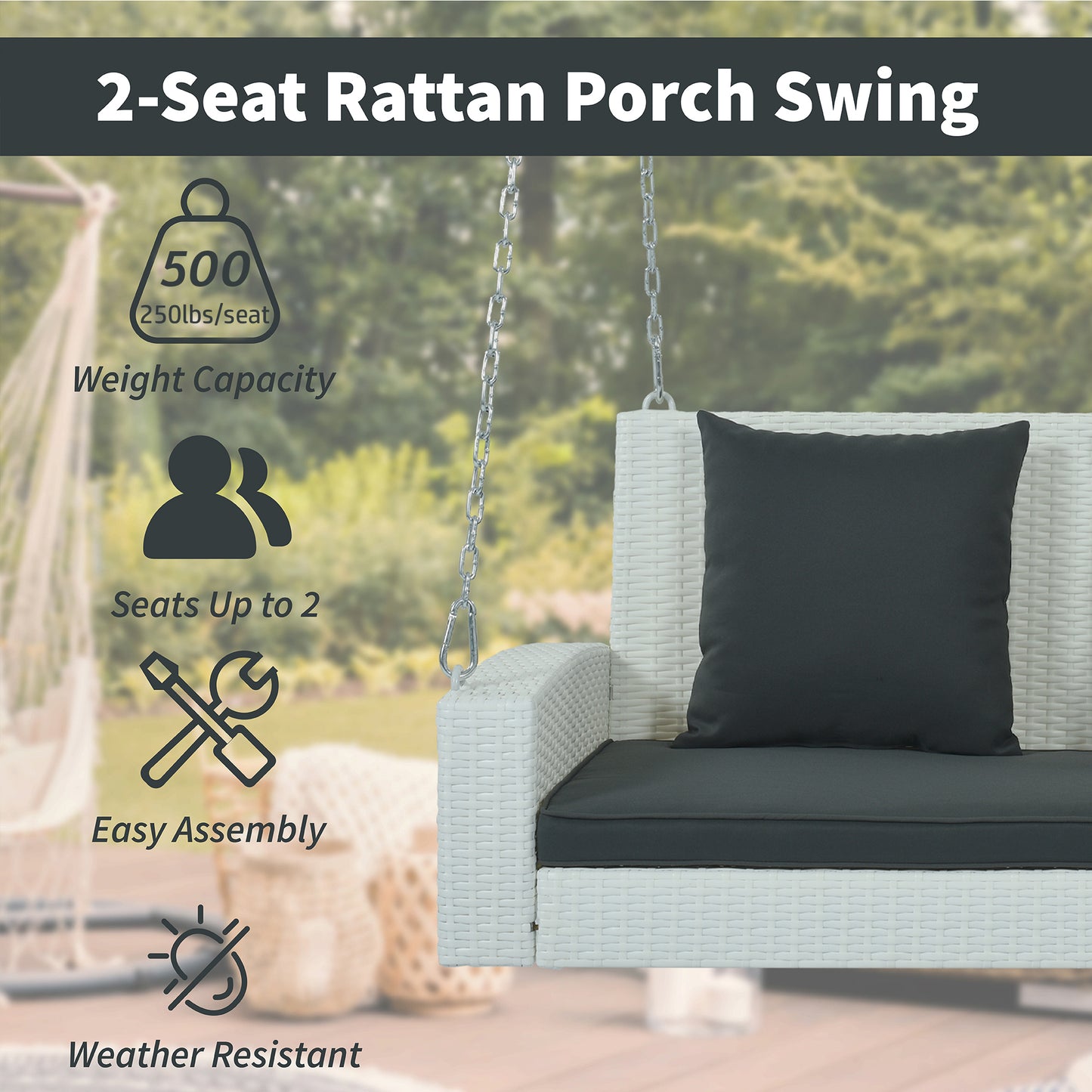 GO 2-Person Wicker Hanging Porch Swing with Chains, Cushion, Pillow, Rattan Swing Bench for Garden, Backyard, Pond. (White Wicker, Gray Cushion)