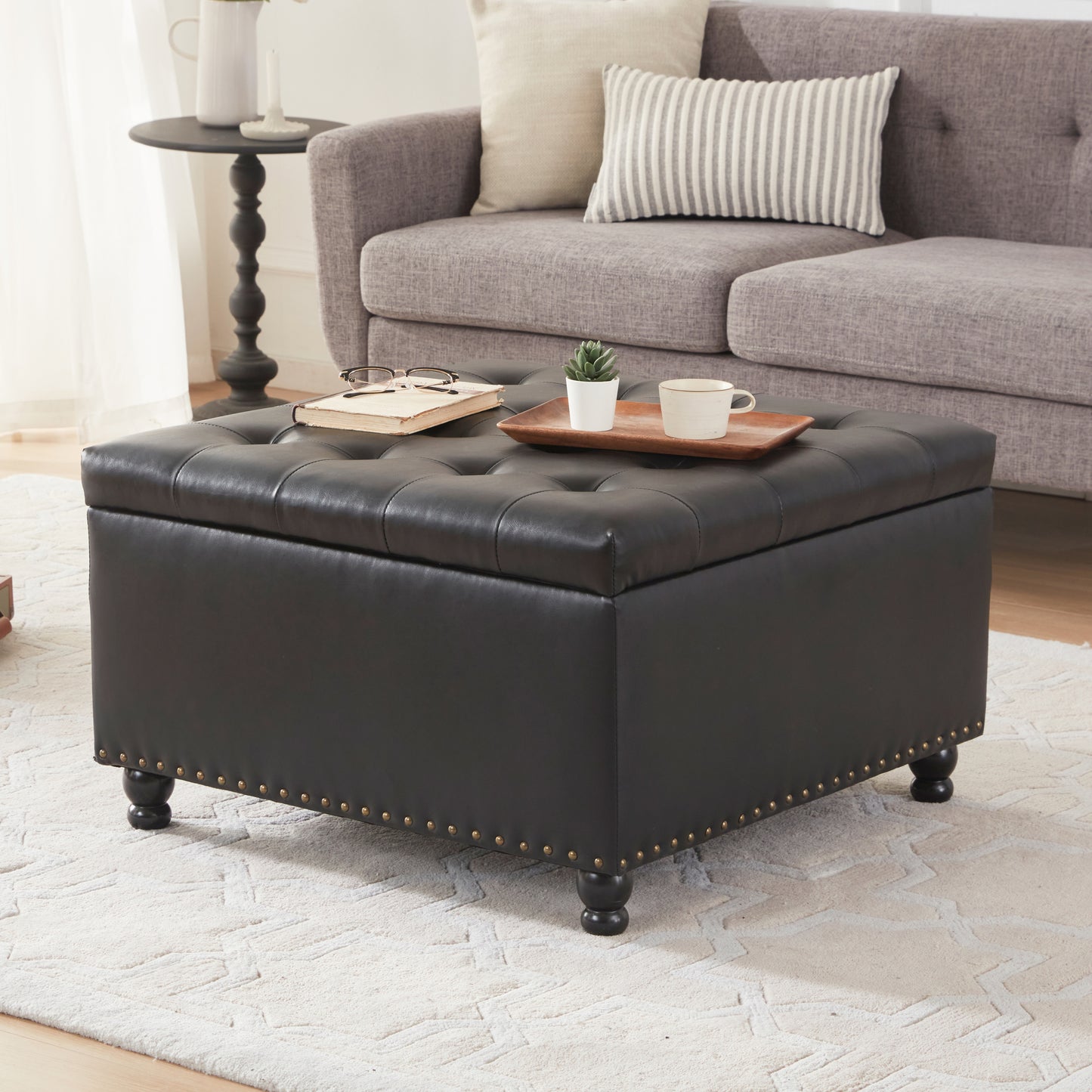 Large Square Storage Ottoman Bench, Tufted Coffee Table Ottoman with Storage, Oversized Storage Ottomans Toy Box Footrest for Living Room, Black