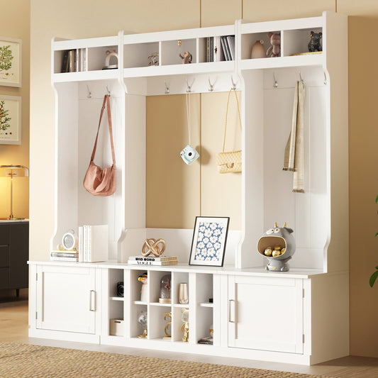 ON-TREND Wide Design Hall Tree with Storage and Bench, 4-IN-1 Multi-functional Entryway Bench with Coat Rack and Shoe Cubbies, Practical Furniture for Hallway, White