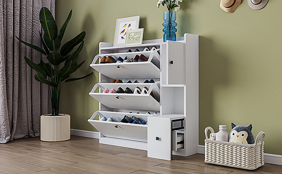 ON-TREND Versatile Shoe Cabinet with 3 Flip Drawers, Maximum Storage Entryway Organizer with Drawer, Free Standing Shoe Rack with Pull-down Seat for Hallway, White
