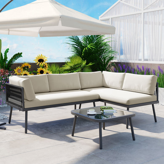 TOPMAX Modern Outdoor 3-Piece PE Rattan Sofa Set All Weather Patio Metal Sectional Furniture Set with Cushions and Glass Table for Backyard, Poolside, Garden,Black,L-Shaped