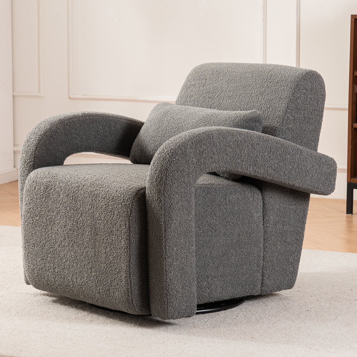 Cozy Dark Grey Teddy Fabric Armchair - Modern Sturdy Lounge Chair with Curved Arms and Thick Cushioning for Plush Comfort