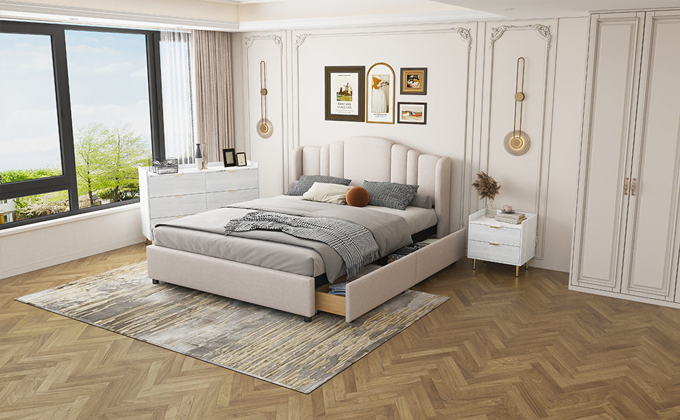 3-Pieces Bedroom Sets Queen Size Upholstered Platform Bed with 4 Drawers, Marble Top Nightstand and Storage Dresser, Beige