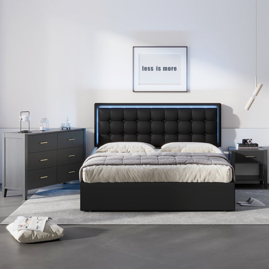 3-Pieces Bedroom Sets Queen Size Tufted Upholstered PU Platform Bed with Nightstand and Storage Dresser, Black