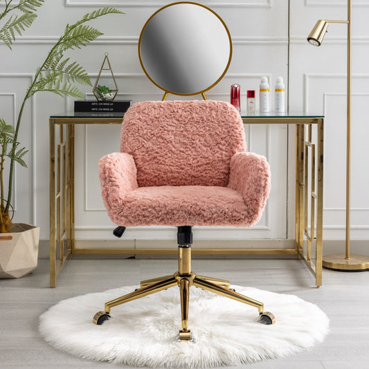A&A Furniture Office Chair,Artificial rabbit hair Home Office Chair with Golden Metal Base,Adjustable Desk Chair Swivel Office Chair,Vanity Chair(Pink)