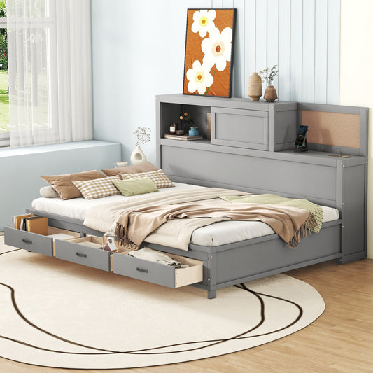 Full Size Wooden Daybed with 3 Storage Drawers, Upper Soft Board, shelf, and a set of Sockets and USB Ports, Gray