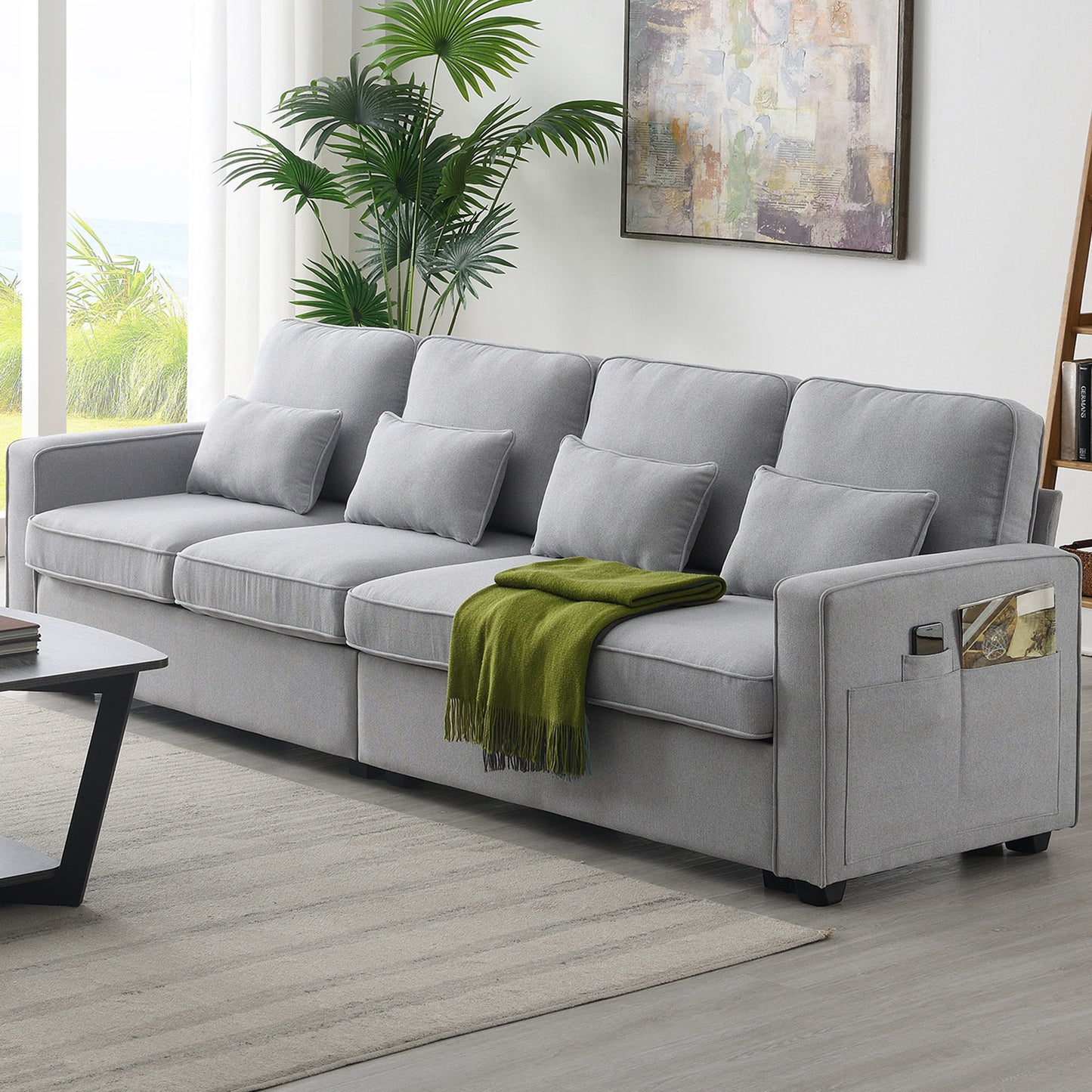 [VIDEO provided] [New] 104" 4-Seater Modern Linen Fabric Sofa with Armrest Pockets and 4 Pillows,Minimalist Style Couch for Living Room, Apartment, Office,3 Colors