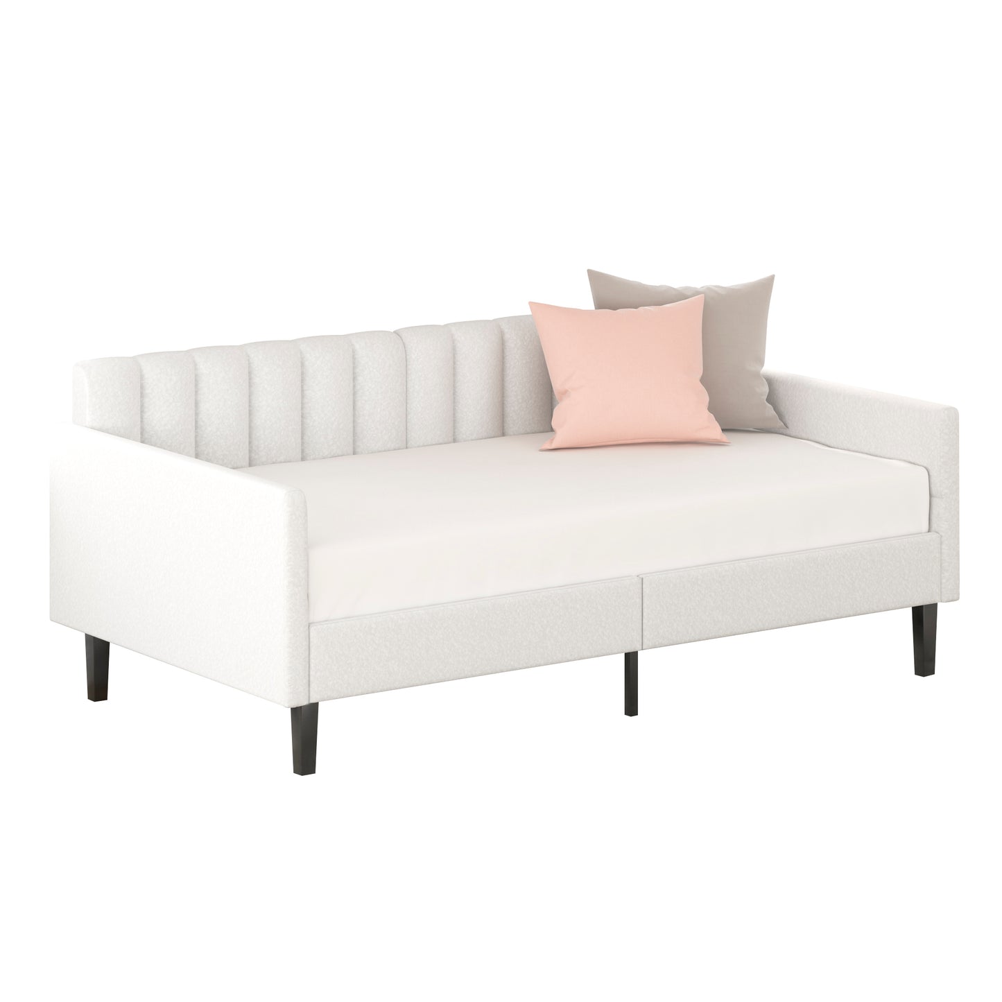 Elena Twin Size Ivory Boucle Upholstered Daybed, Ribbed Tufted Backrest, Daybed in Lavish Modern Design, Richly Hued Foam Comfort