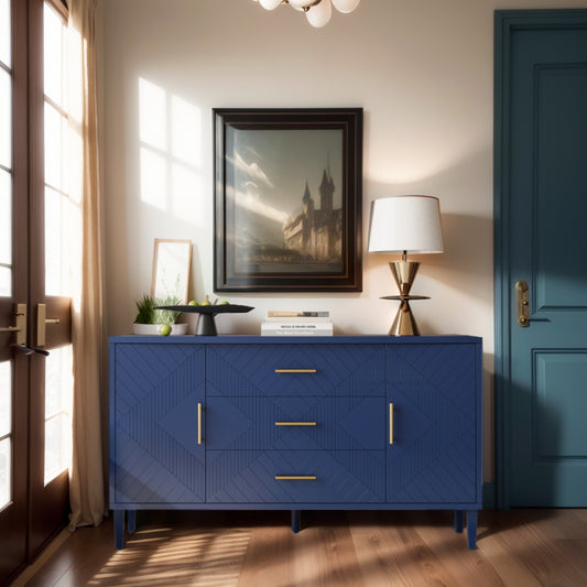 Stylish and Functional 2-Door 3-Drawer Cabinet with Carved Effect, for Bedroom,Living Room,Office,Easy Assembly, Navy Blue