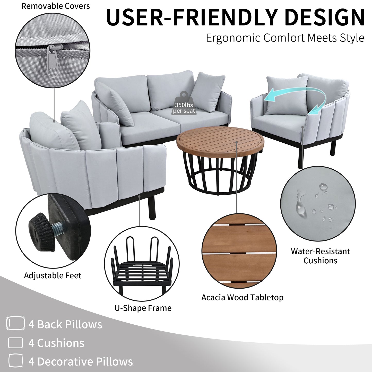 TOPMAX Luxury Modern 4-Piece Outdoor Iron Frame Conversation Set, Patio Chat Set with Acacia Wood Round Coffee Table for Backyard, Deck, Poolside, Indoor Use, Loveseat+Arm Chairs, Gray