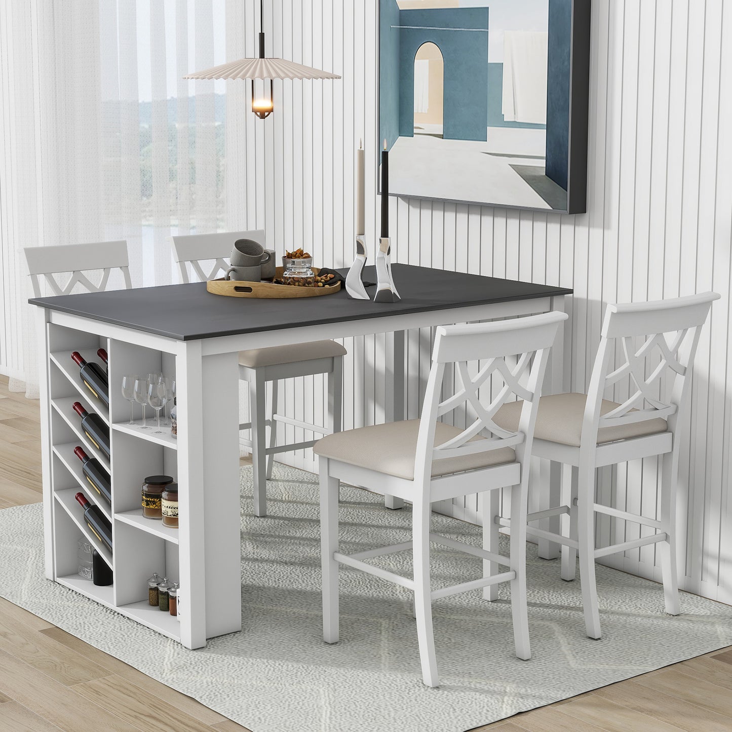 TOPMAX Counter Height 5-piece Solid Wood Dining Table Set, 59*35.4Inch Table with Wine Rack and 4 Upholstered Chairs, White