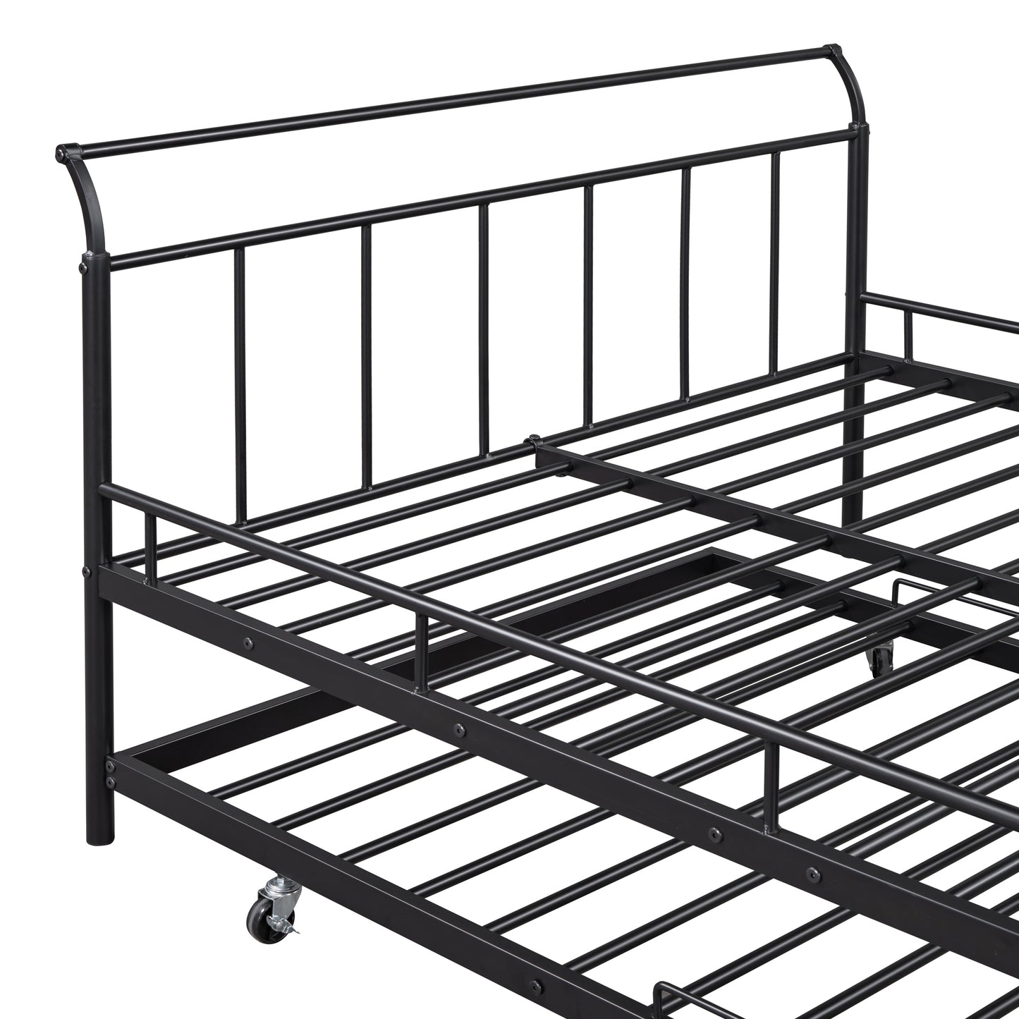 Full Size Metal Daybed with Curved Handle Design and Twin Size Trundle, Black