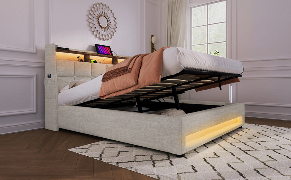 Queen size Upholstered Platform bed with a Hydraulic Storage System, LED and USB Charging, Natural (without mattress)