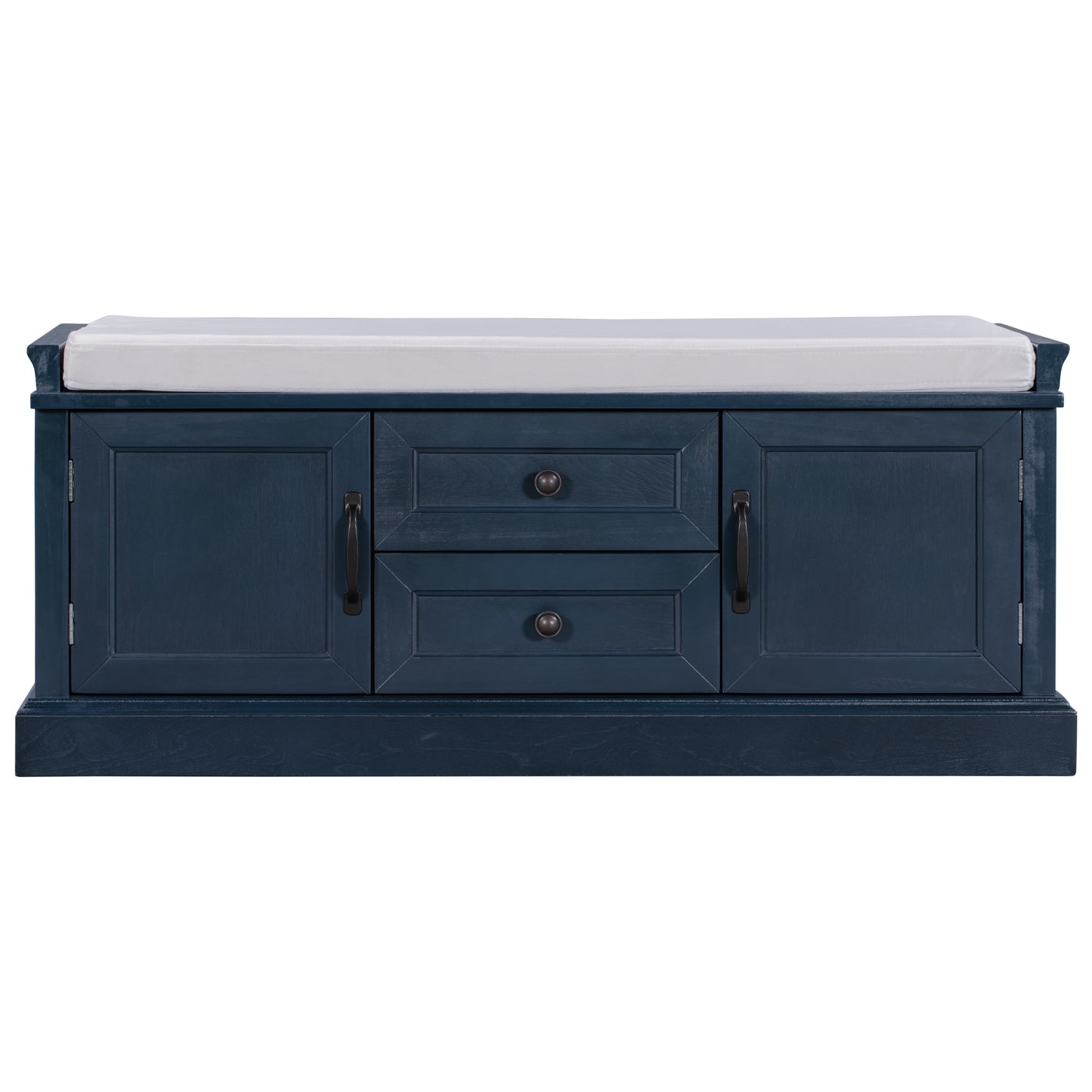 TREXM Storage Bench with 2 Drawers and 2 Cabinets, Shoe Bench with Removable Cushion for Living Room, Entryway (Antique Navy)