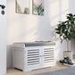 Shoe Storage Bench with Padded Seat Cushion, Entryway Bench with 2 Barn Doors-White
