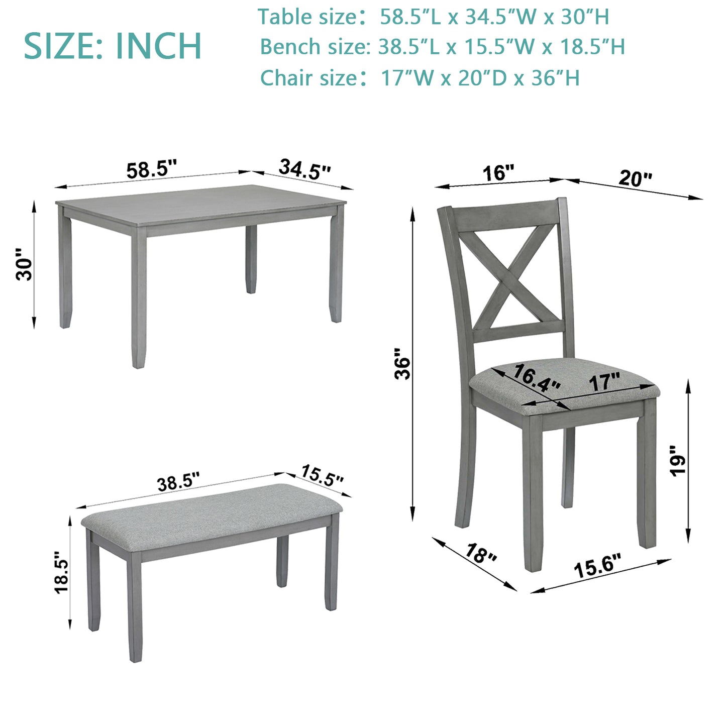 Wooden Dining Rectangular Table with Bench, Kitchen Table with Bench for Small Space,6 Person Dining Table,Gray