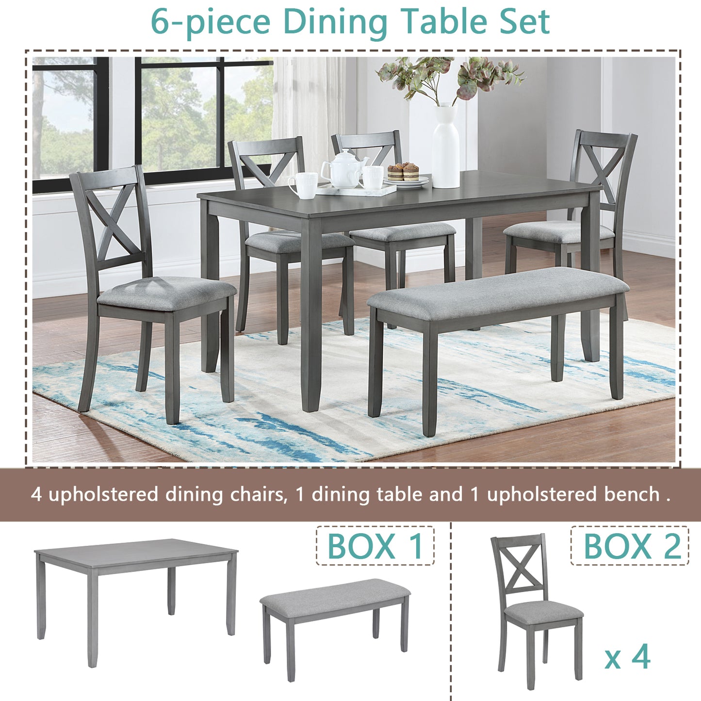 Wooden Dining Rectangular Table with Bench, Kitchen Table with Bench for Small Space,6 Person Dining Table,Gray