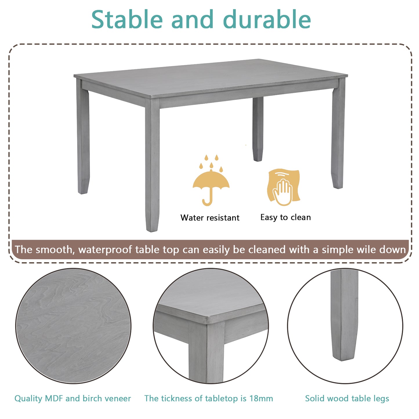 Wooden Dining Rectangular Table with Bench, Kitchen Table with Bench for Small Space,6 Person Dining Table,Gray