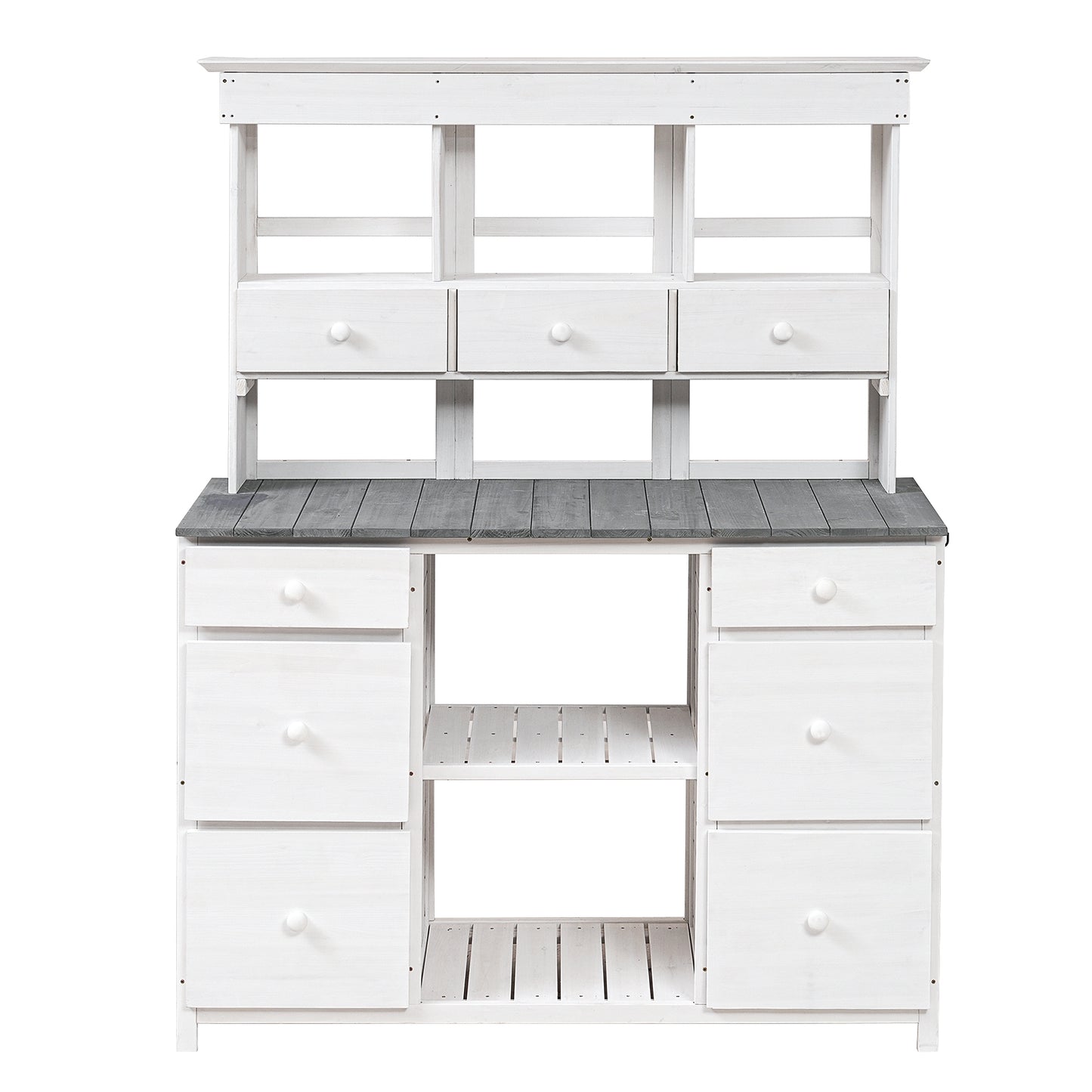 [Video Provided] TOPMAX Garden Potting Bench Table, Rustic and Sleek Design with Multiple Drawers and Shelves for Storage, White and Gray