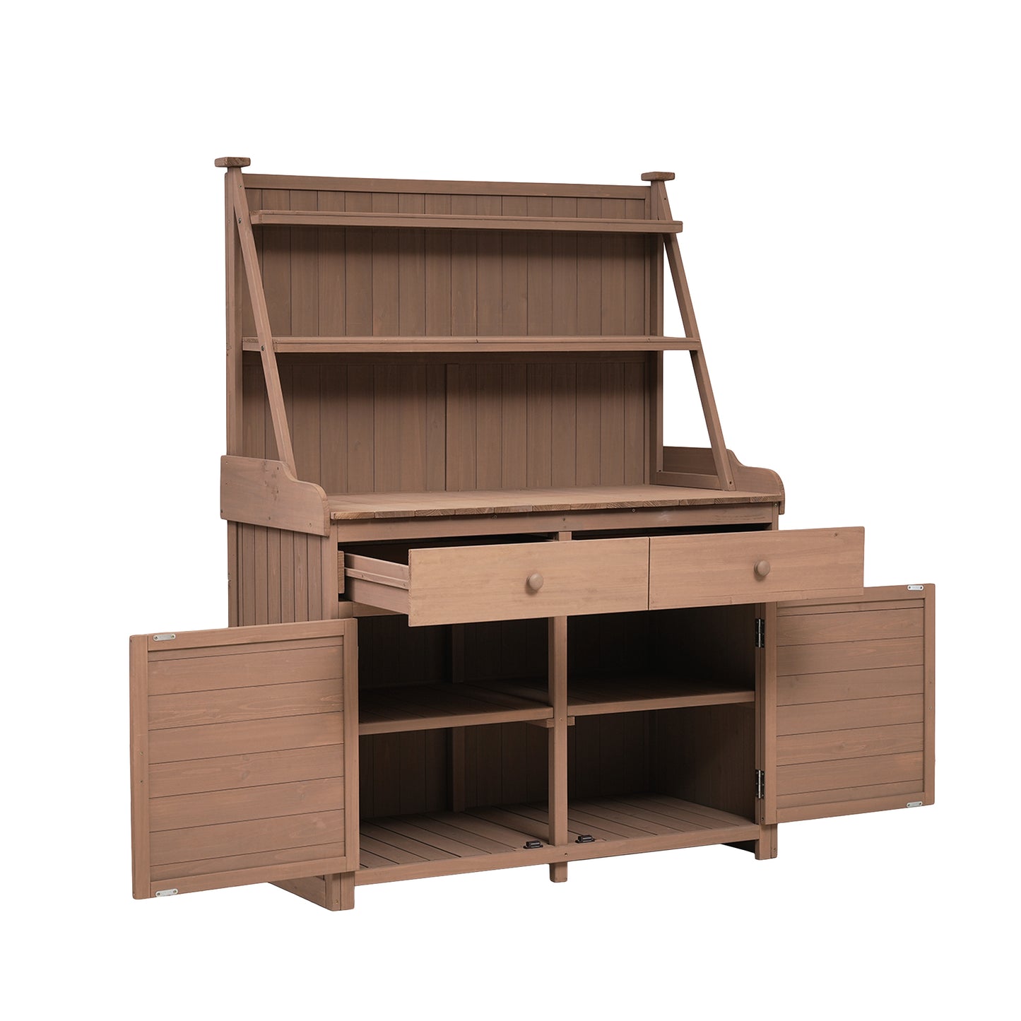 TOPMAX 65inch Garden Potting Bench Table, Fir Wood Workstation with Storage Shelf, Drawer and Cabinet, Brown