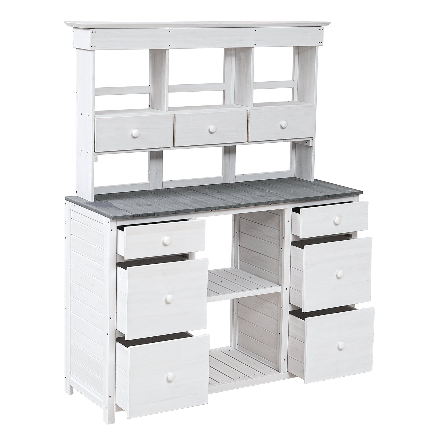 [Video Provided] TOPMAX Garden Potting Bench Table, Rustic and Sleek Design with Multiple Drawers and Shelves for Storage, White and Gray