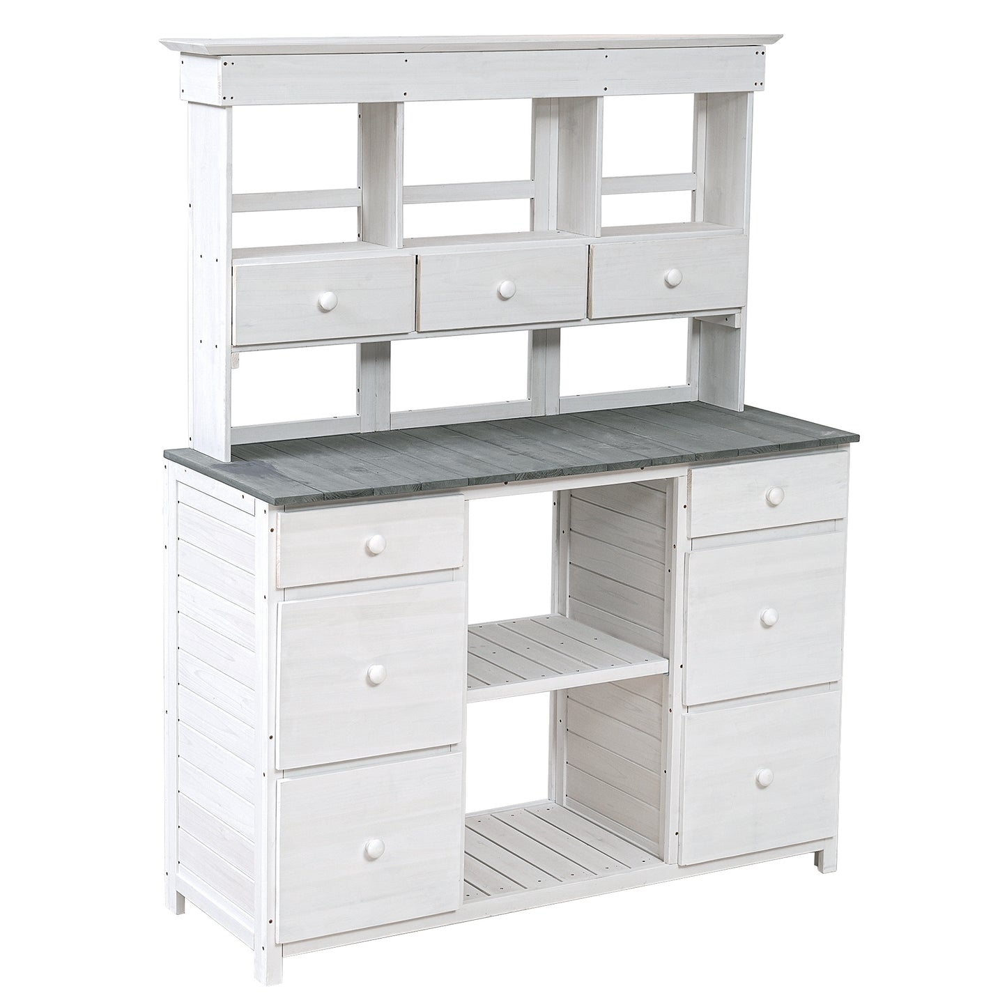 [Video Provided] TOPMAX Garden Potting Bench Table, Rustic and Sleek Design with Multiple Drawers and Shelves for Storage, White and Gray