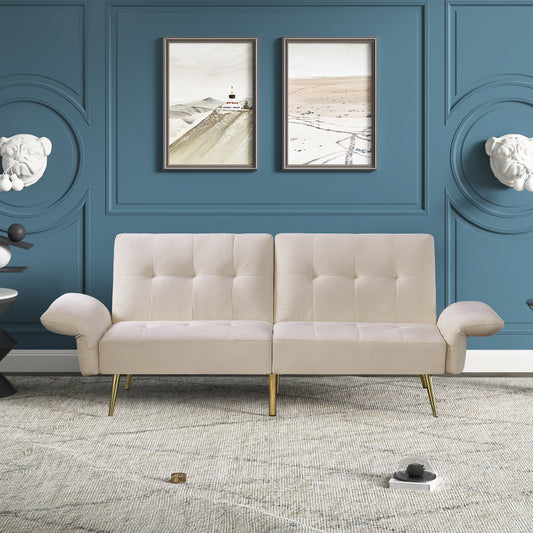 Winforce factory directly supply 280g Italian velvet futon couch, foldable armrests with magazine bags sleeper sofa bed, 78inch sleeper sofa for living room, beige velvet