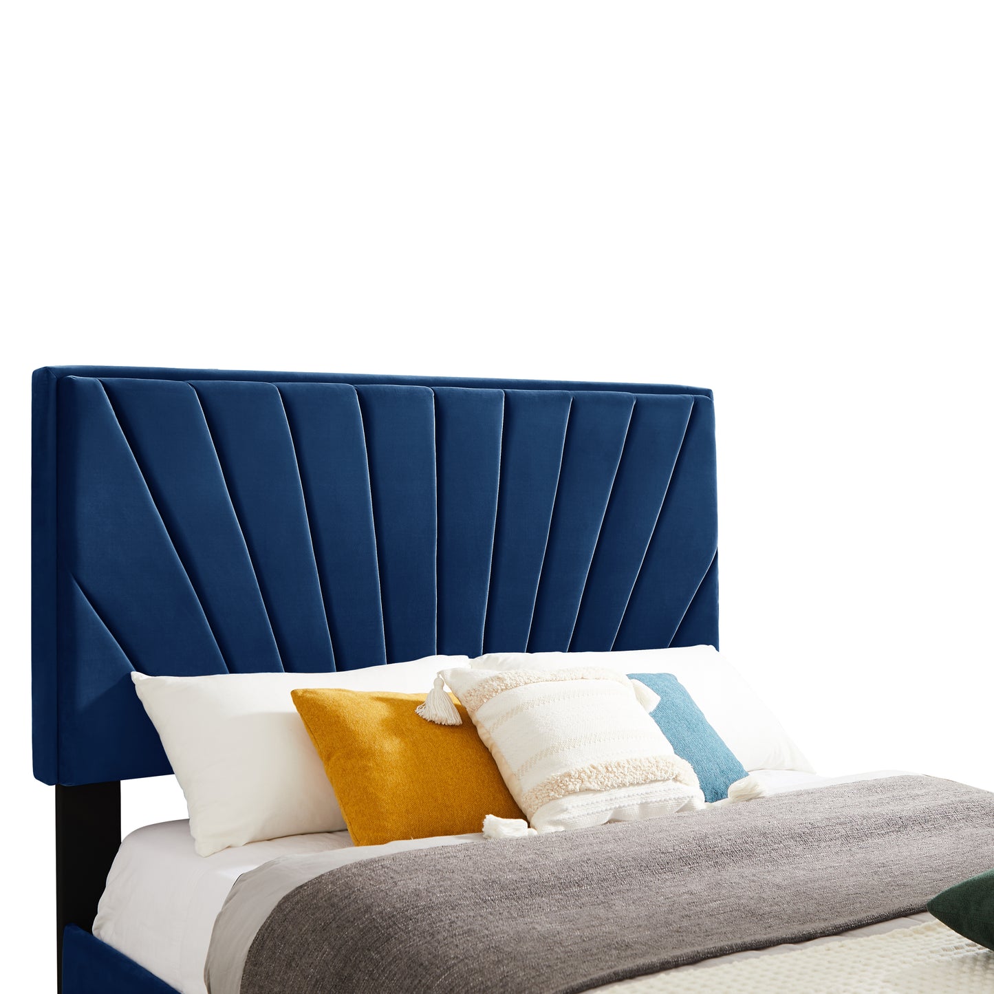 Queen bed with two nightstands, Beautiful line stripe cushion headboard, strong wooden slats + metal legs with Electroplate