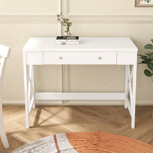 Modern Home Office Desk Study Table Writing Desk with 1 Storage Drawer, Makeup Vanity Dressing Table X Design Accent-White