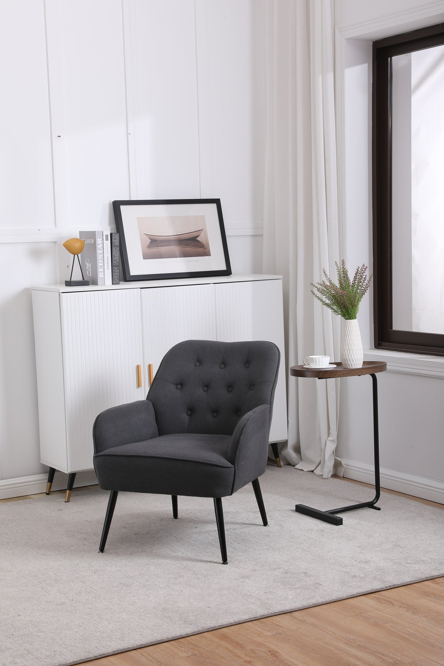 Modern Mid Century Chair velvet Sherpa Armchair for Living Room Bedroom Office Easy Assemble (Dark Grey)