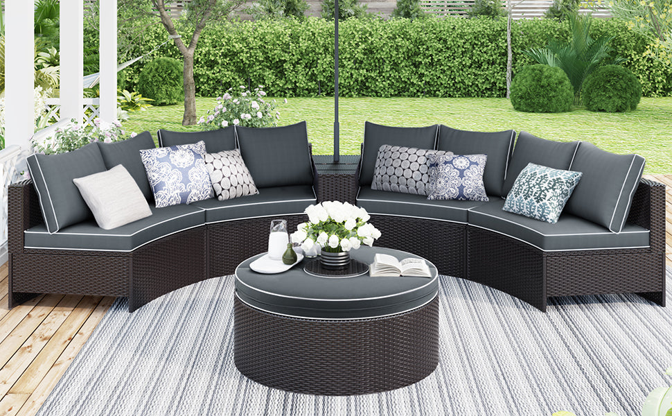 6 Pieces Outdoor Sectional Half Round Patio Rattan Sofa Set, PE Wicker Conversation Furniture Set w/ One Storage Side Table for Umbrella and One Multifunctional Round Table, Brown+ Gray