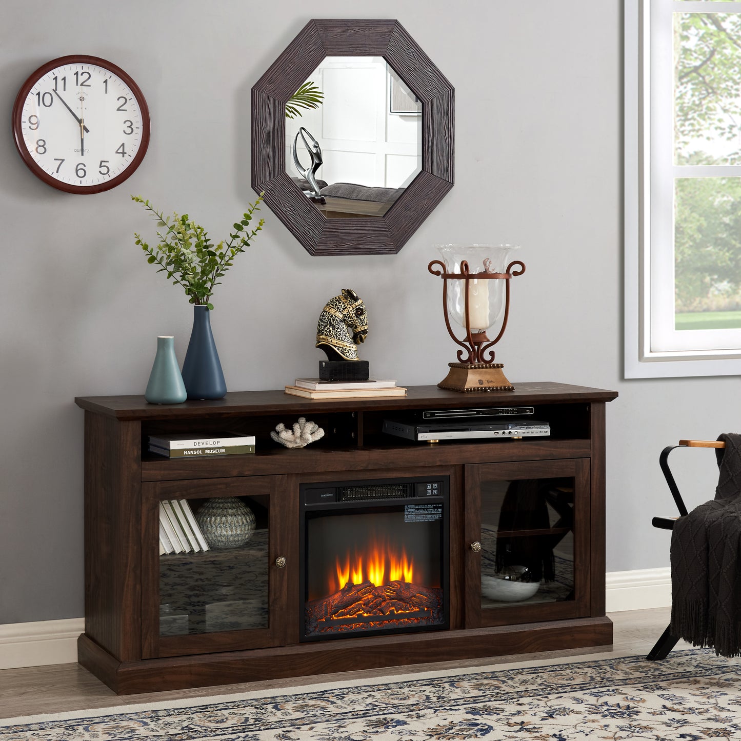 Contemporary TV Media Stand Modern Entertainment Console with 18" Fireplace Insert for TV Up to 65" with Open and Closed Storage Space, Brown, 60" Wx15.75"Dx29" H