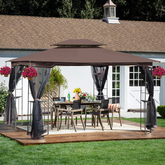 13x10 Outdoor Patio Gazebo Canopy Tent With Ventilated Double Roof And Mosquito net (Detachable Mesh Screen On All Sides),Suitable for Lawn, Garden, Backyard and Deck, Brown Top