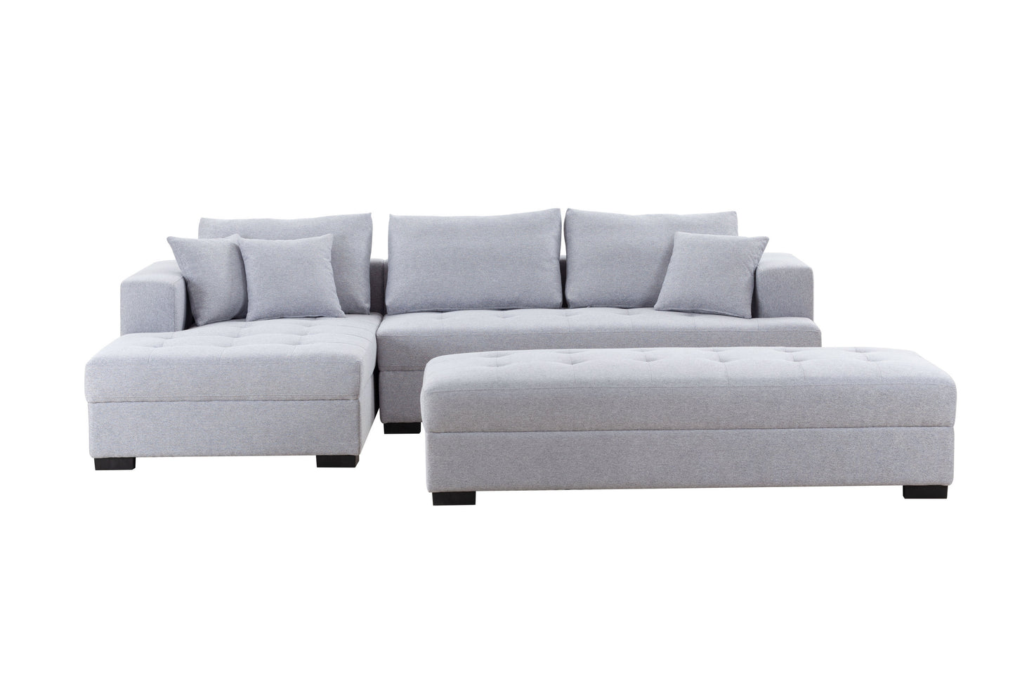 Tufted Fabric 3-Seat L-Shape Sectional Sofa Couch Set w/Chaise Lounge, Ottoman Coffee Table Bench, Light Grey