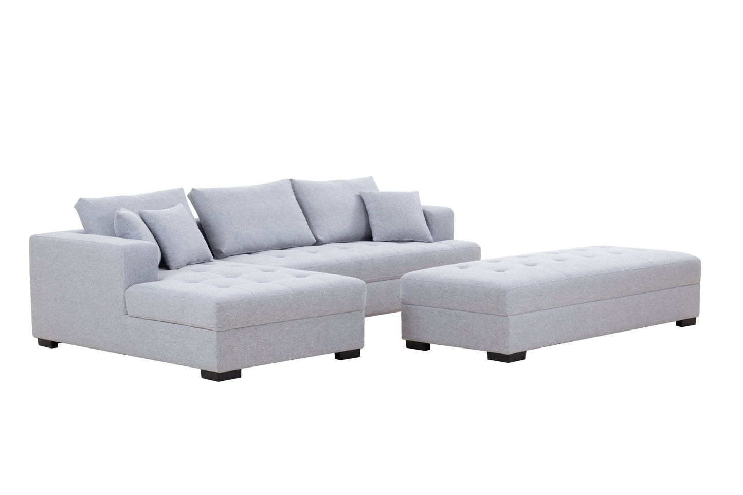 Tufted Fabric 3-Seat L-Shape Sectional Sofa Couch Set w/Chaise Lounge, Ottoman Coffee Table Bench, Light Grey