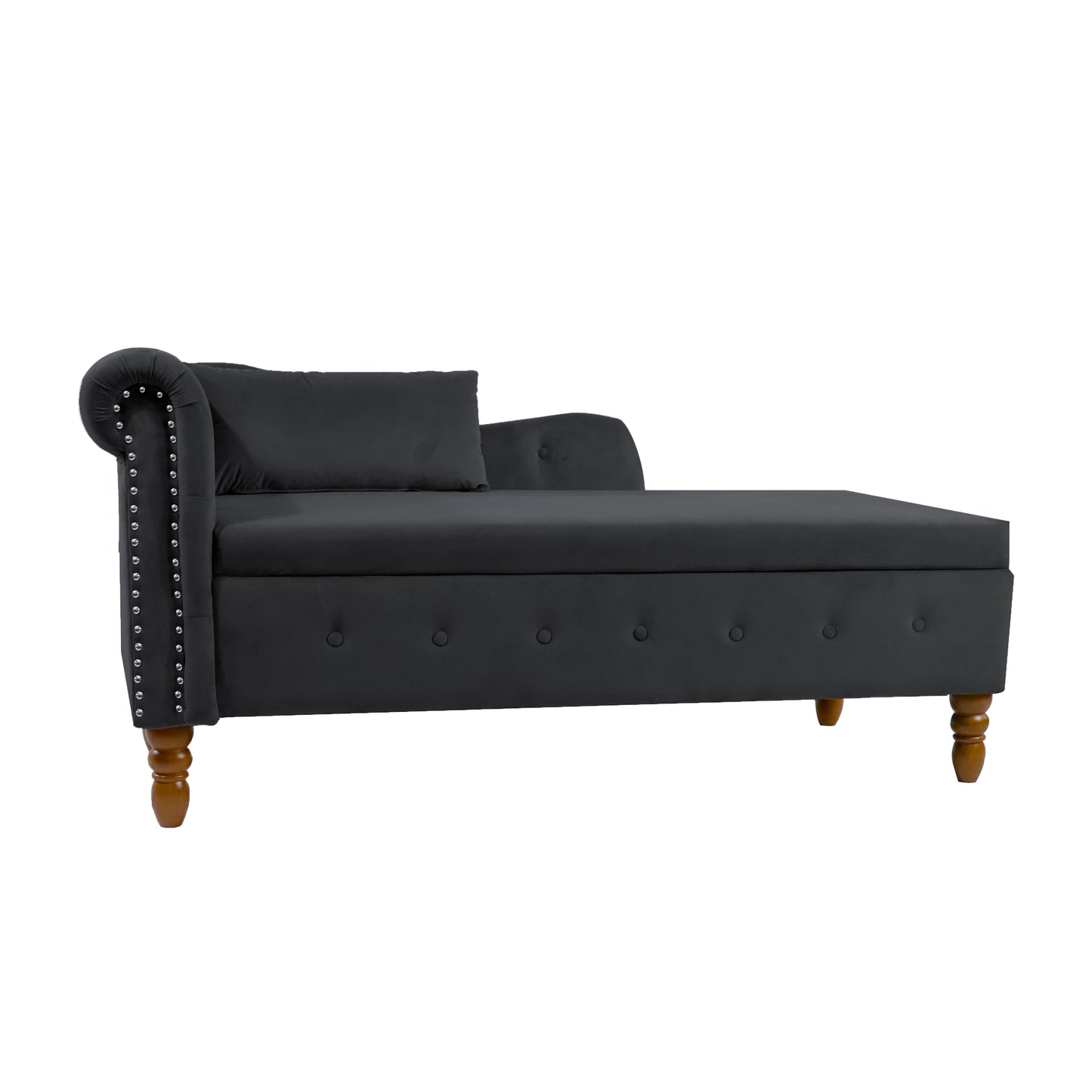 Black Chaise Lounge Indoor, Velvet Lounge Chair for Bedroom with Storage & Pillow, Modern Upholstered Rolled Arm Chase Lounge for Sleeping with Nailhead Trim for Living Room Bedroom Office