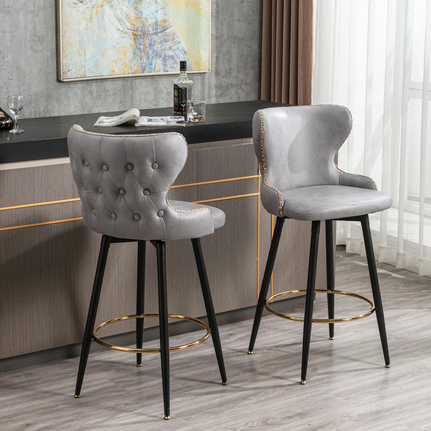 29" Modern Leathaire Fabric bar chairs, 180 degree Swivel Bar Stool Chair for Kitchen, Tufted Gold Nailhead Trim Gold Decoration Bar Stools with Metal Legs, Set of 2 (Light Grey)