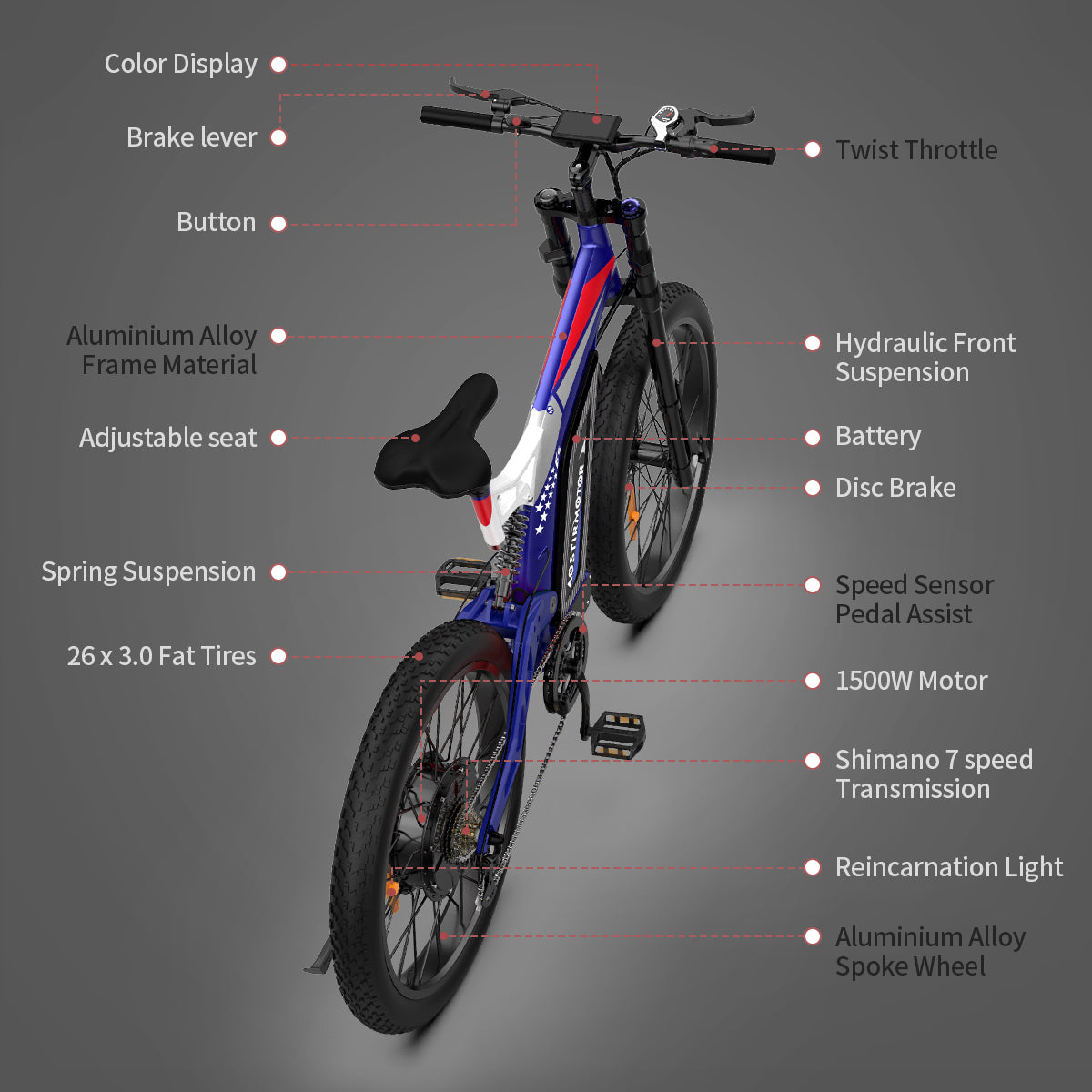 26" 1500W Electric Bike Fat Tire P7 48V 20AH Removable Lithium Battery for Adults S17-1500W