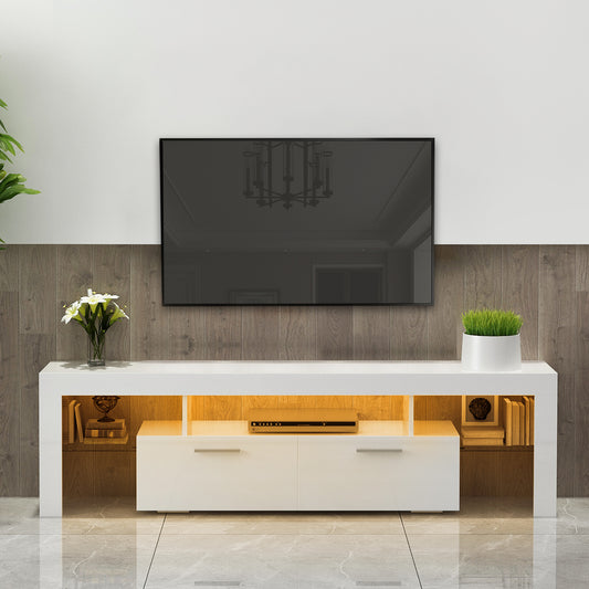 White modern TV Stand with LED Lights, high glossy front TV Cabinet, can be assembled in Lounge Room, Living Room or Bedroom, color:WHITE