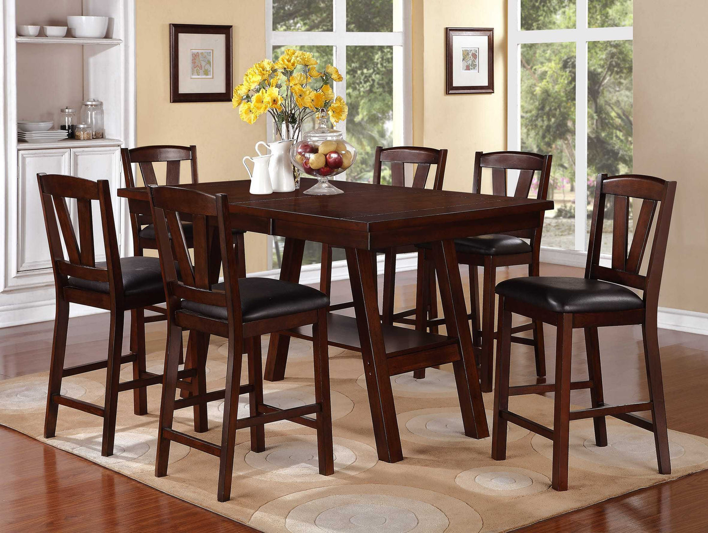 Dark Walnut Wood Framed Back Set of 2 Counter Height Dining Chairs Breakfast Kitchen Cushion Seats