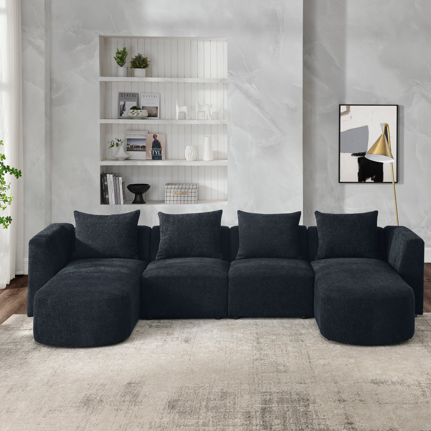 U Shape Sectional Sofa including Two Single Seats and Two Chaises, Modular Sofa, DIY Combination, Loop Yarn Fabric, Black