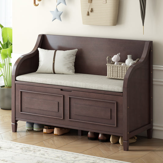 TREXM Rustic Style Solid wood Entryway Multifunctional Storage Bench with Safety Hinge (Espresso + Beige)