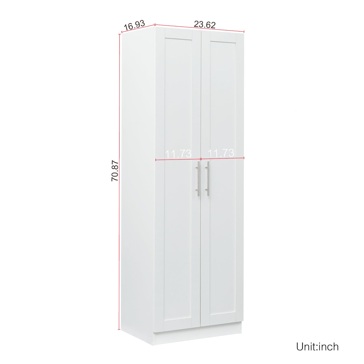 High wardrobe and kitchen cabinet with 2 doors and 3 partitions to separate 4 storage spaces, White