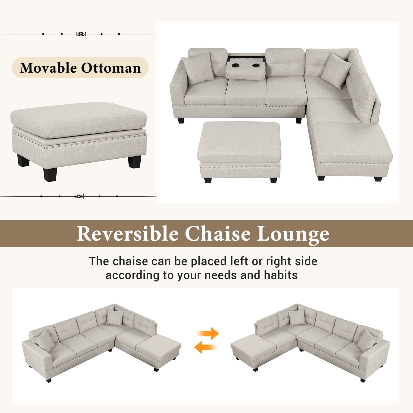 Modern Sectional Sofa with Storage Ottoman, L-Shape Couch with 2 Pillows and Cup Holder, Sectional Sofa with Reversible Chaise for Living Room, Light Gray