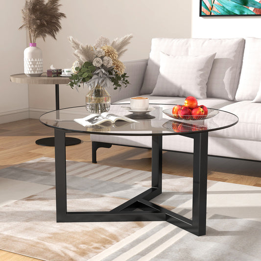 Round Glass Coffee Table Modern Cocktail Table Easy Assembly with Tempered Glass Top & Sturdy Wood Base (Black)