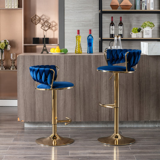 Set of 2 Bar Stools, with Chrome Footrest and Base Swivel Height Adjustable Mechanical Lifting Velvet + Golden Leg Simple Bar Stool-BLUE