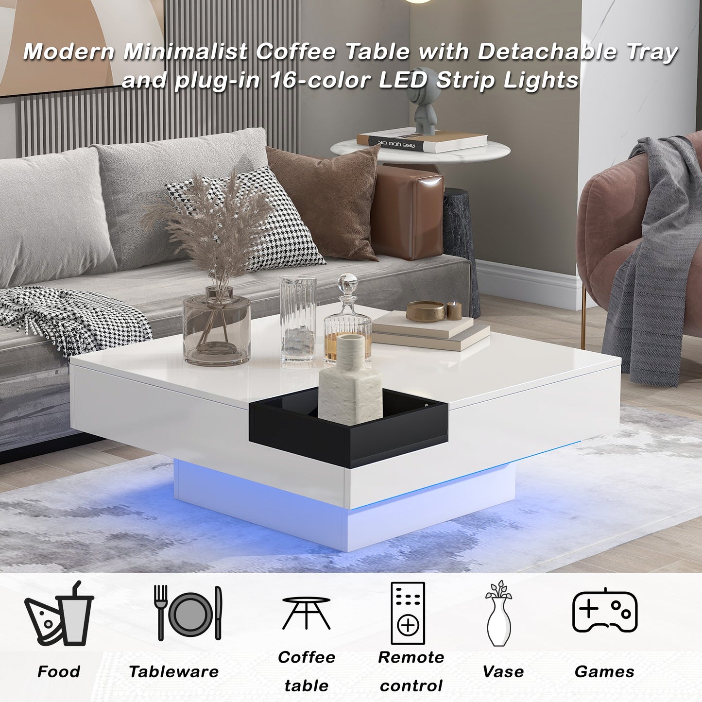 Modern Minimalist Design 31.5x31.5in Square Coffee Table with Detachable Tray and Plug-in 16-color LED Strip Lights Remote Control for Living Room (