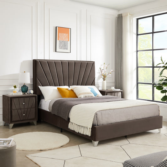 Full bed with one nightstand, Beautiful line stripe cushion headboard, strong wooden slats + metal legs with Electroplate