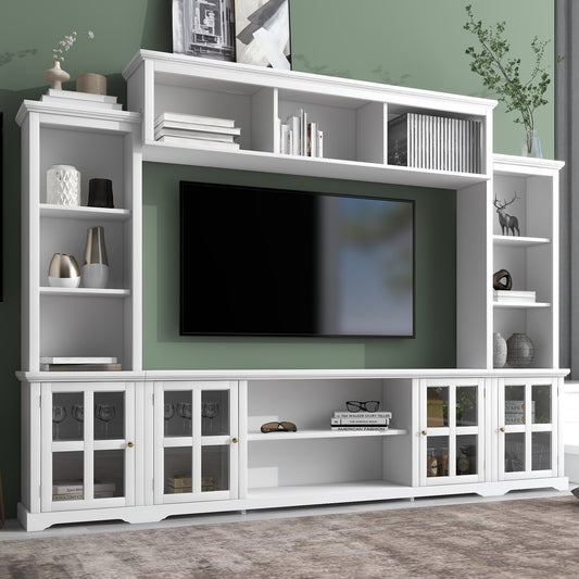 Minimalism Style Entertainment Wall Unit with Bridge, Modern TV Console Table for TVs Up to 70", Multifunctional TV Stand with Tempered Glass Door, White (Old SKU: SD000009AAK)